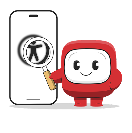 Das Maskottchen Pharmi steht vor einem Smartphone, hält eine Lupe um das Thema Barrierefreheit zu symbolisieren.