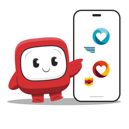 Das Maskottchen Pharmi steht vor einem Smartphone, zeigt auf die Logos der Gesund Daheim-App von Nordkurier bzw. Schwäbische.